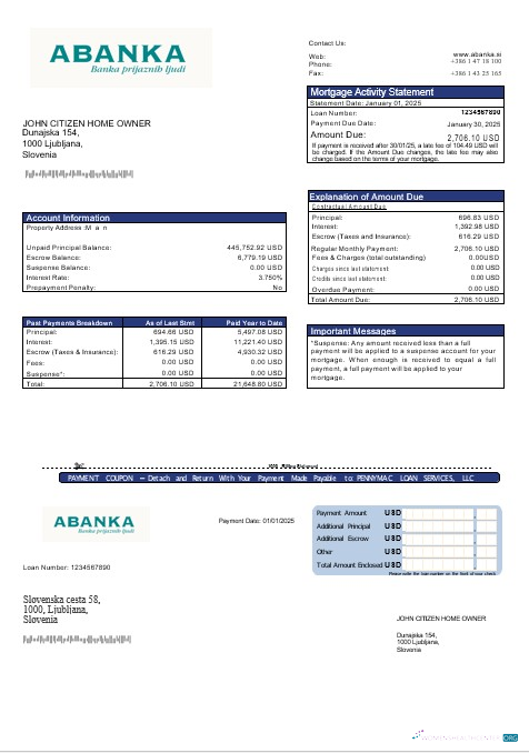 Download Slovenia Abanka bank mortgage statement in Word and PDF formats Photoshop template
